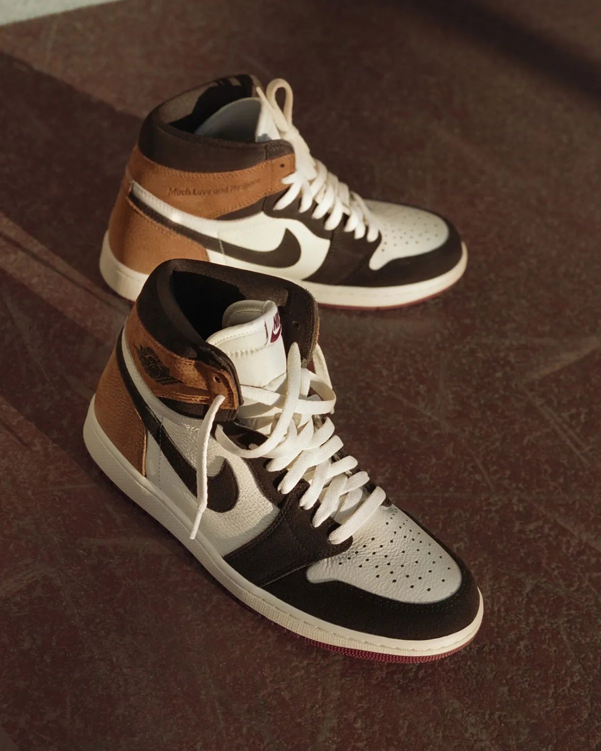 Air Jordan 1 High OG 'Love Letter' in brown and black leather with debossed 'Much Love and Respect' collar detail, releasing July 2, 2026 - detail view 1