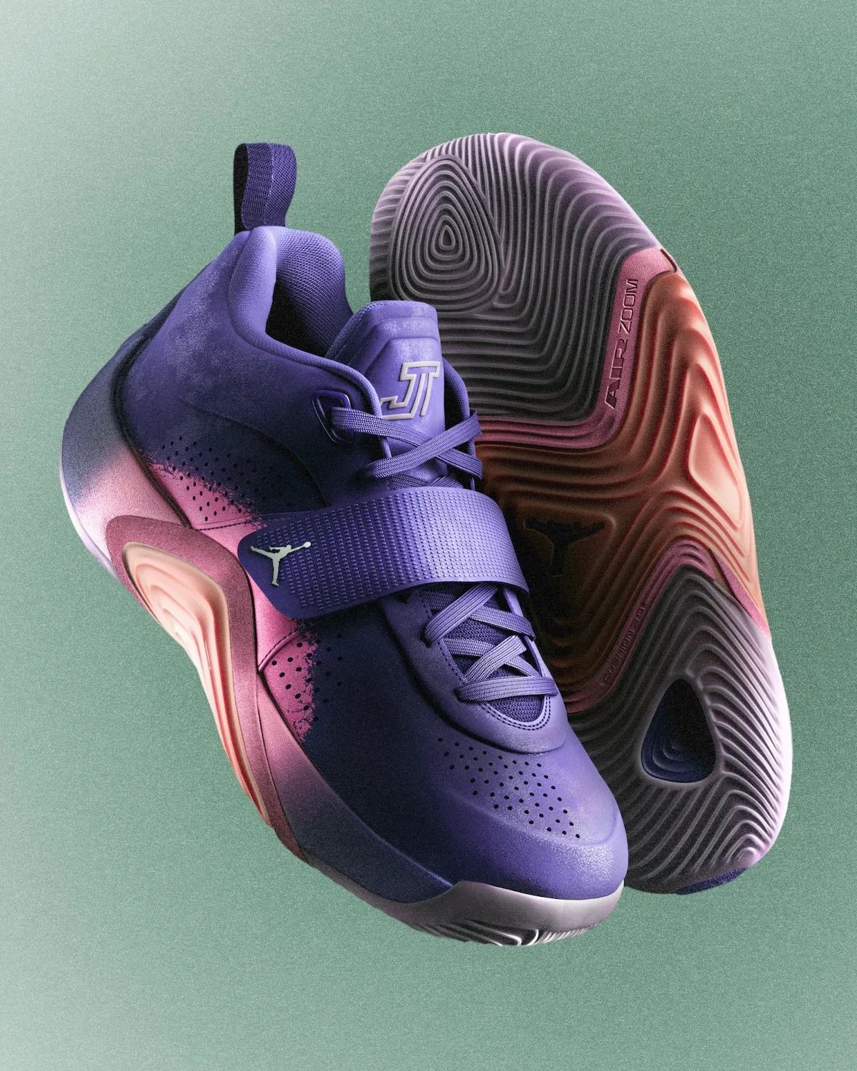 Jordan Brand Tatum 5 basketball shoe in Sunrise colorway, showcasing midfoot strap support and Air Zoom cushioning - detail view 4