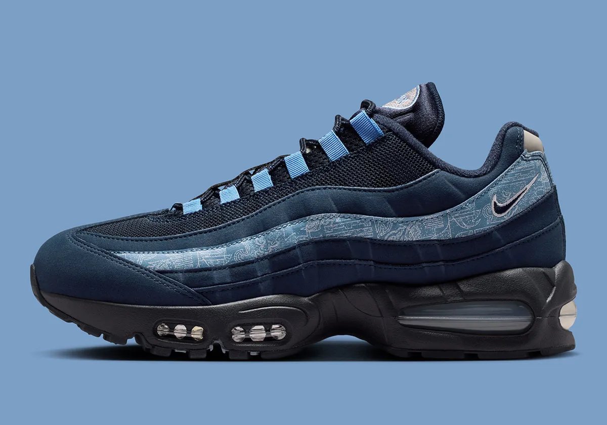 Nike Air Max 95 SE in Obsidian and Work Blue with blueprint-pattern overlay and silver spine - detail view 1