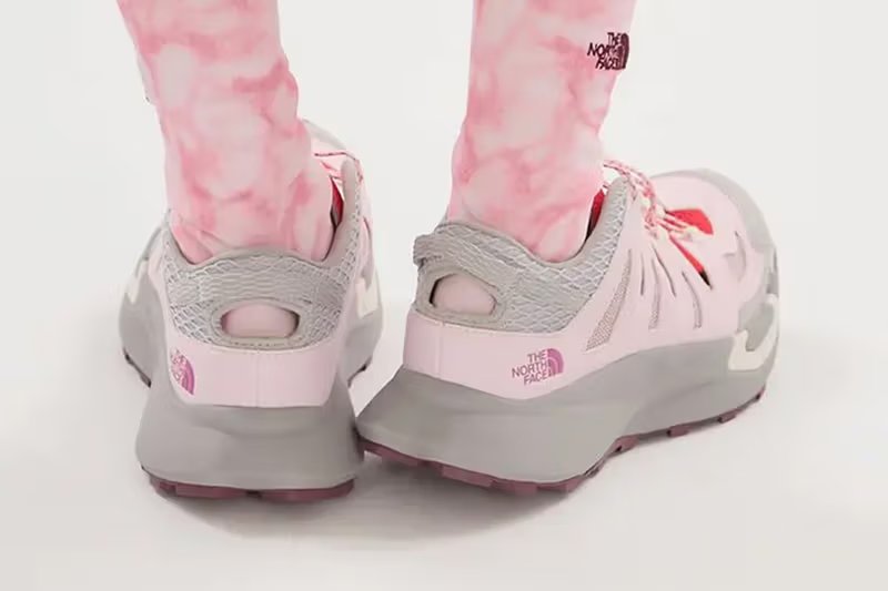 emmi x The North Face VECTIV Breeze 2 in soft pink and grey colorway, showing breathable mesh upper and three-layer sole system - detail view 3