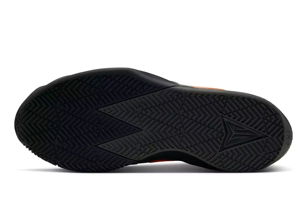 Nike Twelve Time in Black/Iron Grey/Orange colorway, Ja Morant signature takedown basketball shoe with burnt orange Swoosh and matte grey upper - detail view 2
