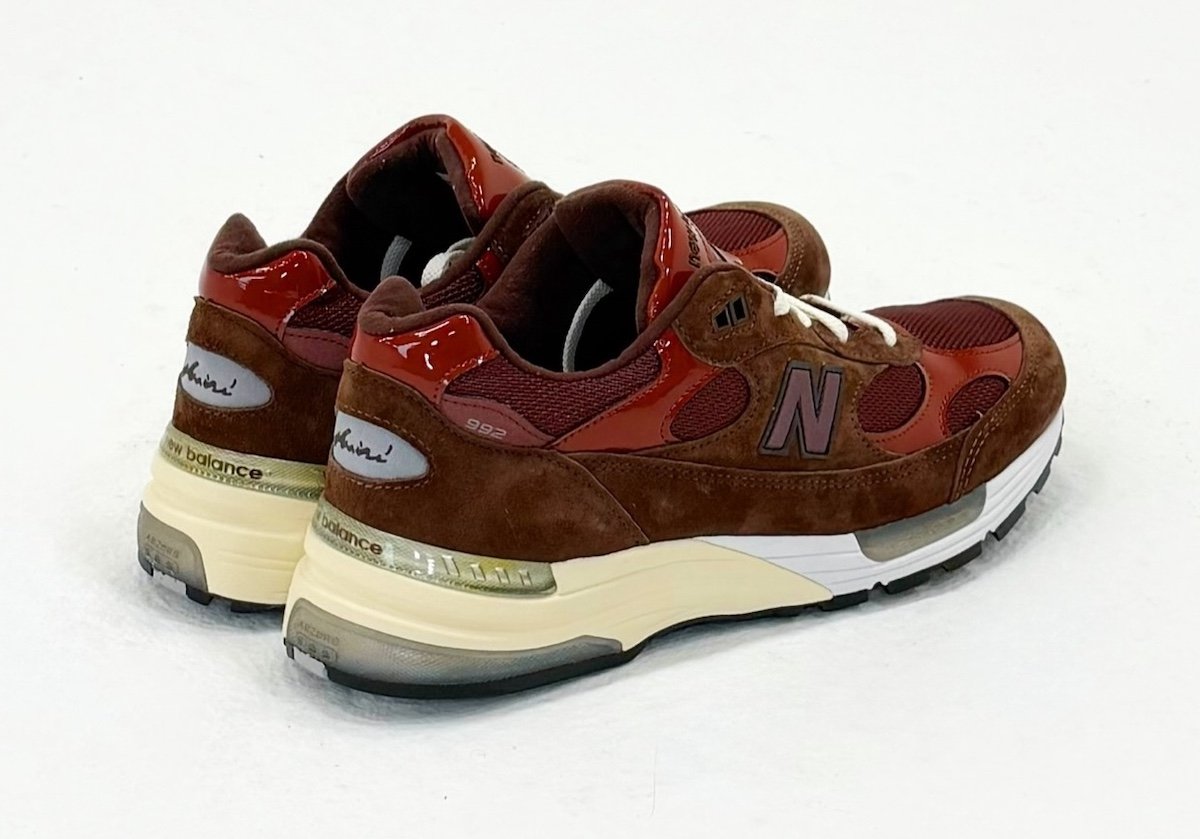 Aminé x New Balance 992 'Outdoor School' in reddish-brown with suede, mesh, and patent leather upper, featuring Club Banana tongue branding - detail view 3