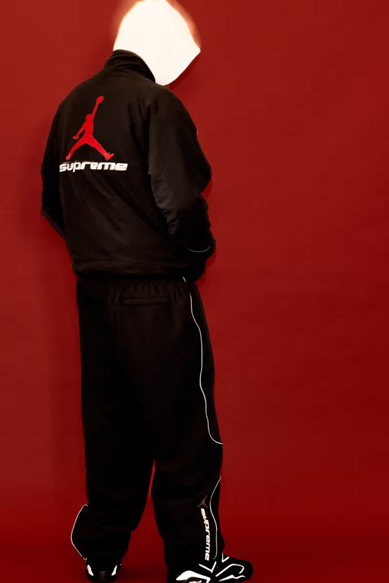 Supreme x Jordan Brand hooded leather jacket with number 23 detail and quilted satin lining from Spring 2026 collection - detail view 3