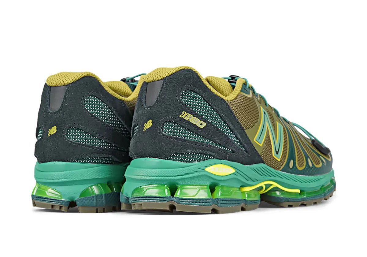 New Balance 1890 Nordic Green sneaker featuring olive, teal, and highlighter green upper with cool-toned heel counter and toe overlays - detail view 1