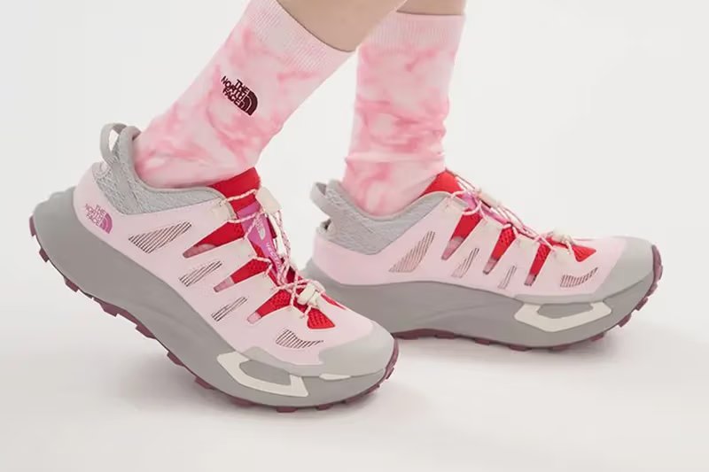emmi x The North Face VECTIV Breeze 2 in soft pink and grey colorway, showing breathable mesh upper and three-layer sole system - detail view 2