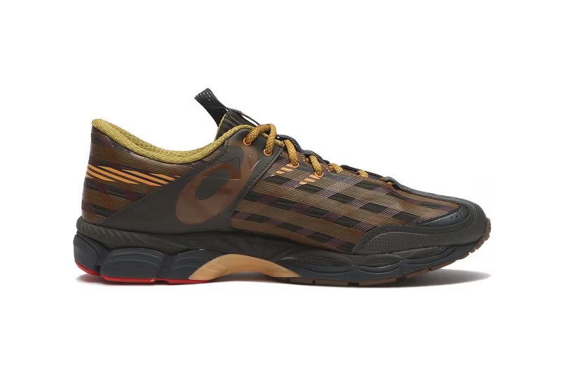 Kiko Kostadinov x ASICS GEL-SJ33 in Black Coffee/Orange Lily colorway, showcasing seamless upper construction and striped graphic patterns - detail view 2