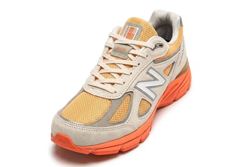 New Balance 990v4 MADE in USA in Moonbeam, Tangerine Heat, and Dried Orange colorway, side profile view - detail view 5