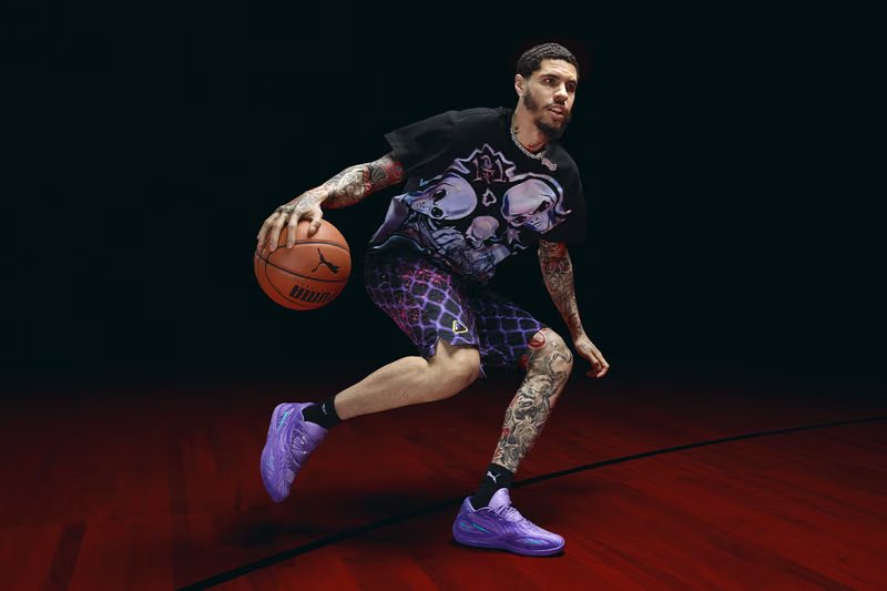PUMA MB.06 'Shooting Star' in Dark Amethyst and Lavender Alert colorway with blue accents, LaMelo Ball signature basketball shoe - detail view 3