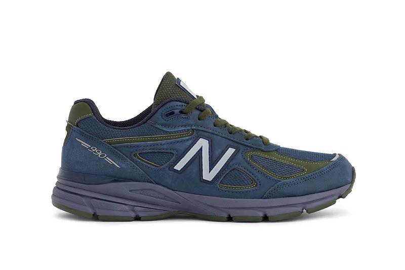 New Balance 990v4 Made in USA Navy/Meteorite colorway featuring leather and nubuck upper construction with dark green underlay detailing - detail view 3