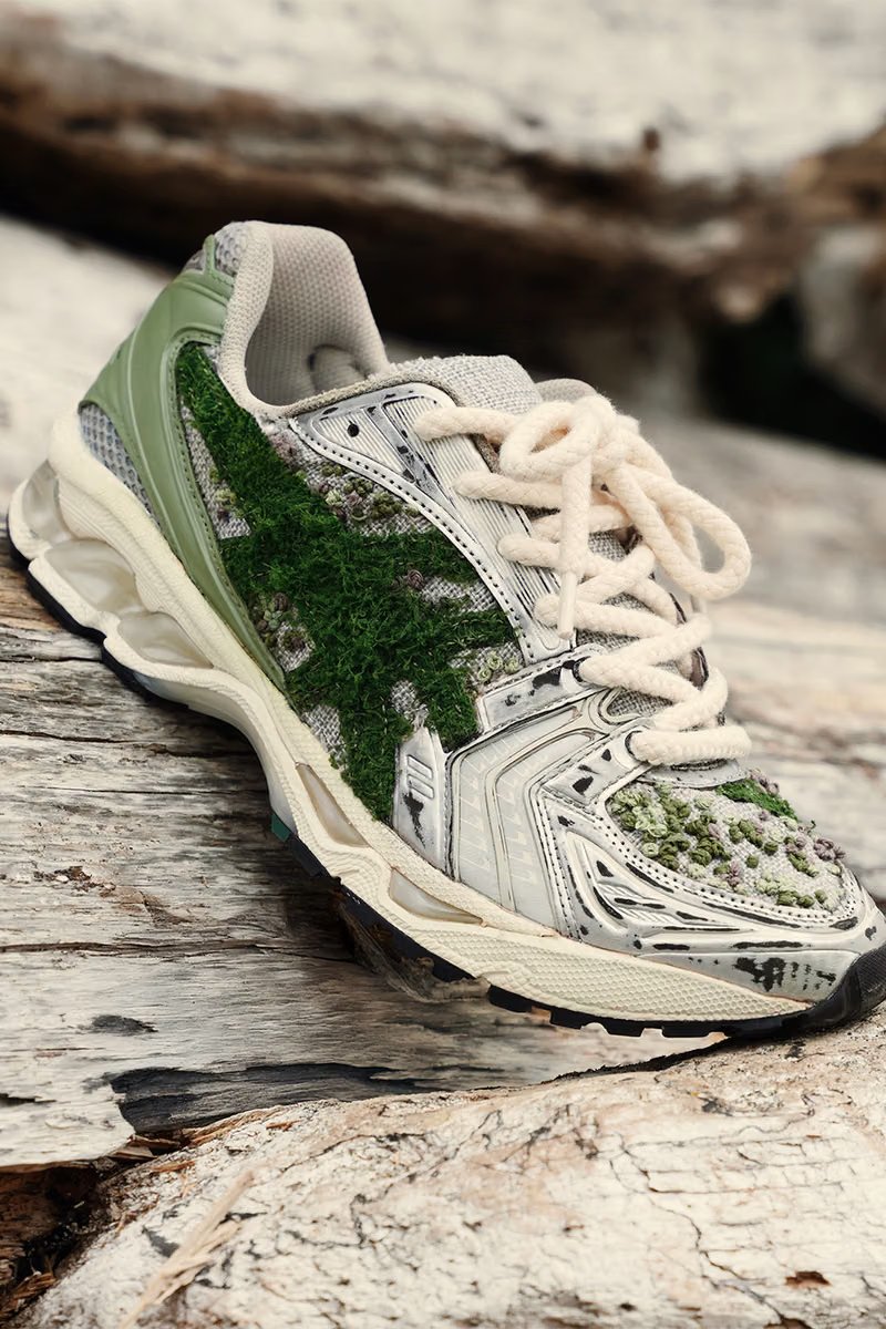 ANT KAI custom ASICS GEL-KAYANO 14 "Moss" featuring hand-stitched moss embroidery, burlap overlay, and distressed metallic accents - detail view 2
