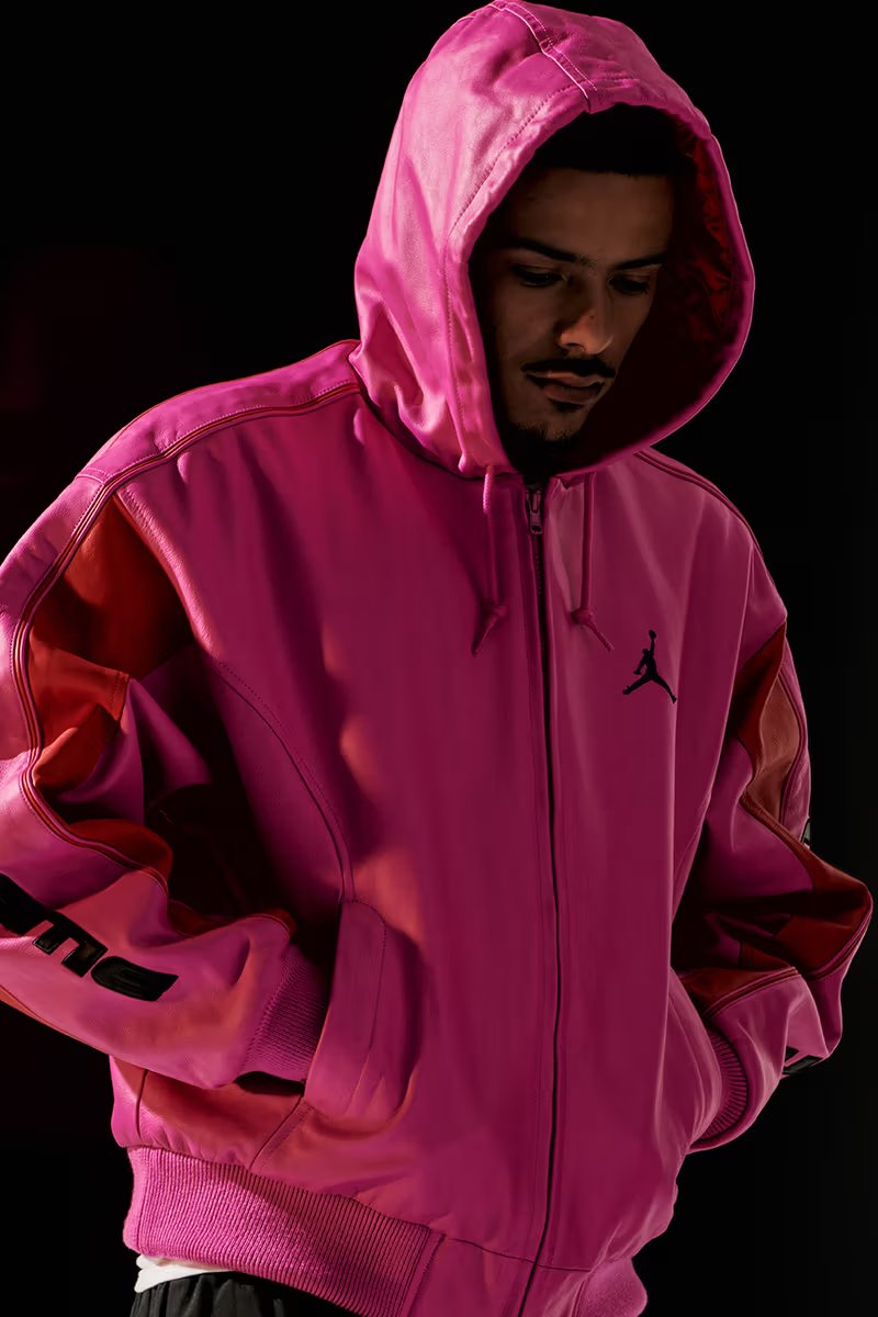 Jordan Brand x Supreme Spring 2026 collaboration hooded leather jacket and track apparel collection - detail view 3