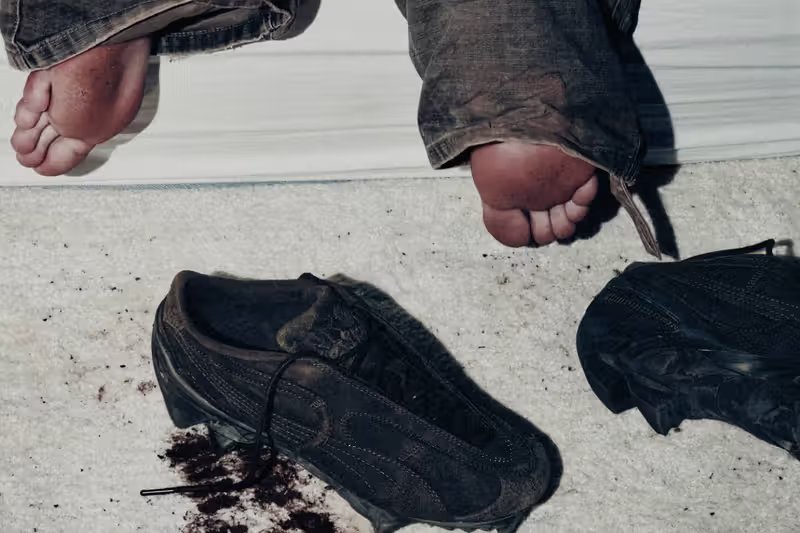 PUMA x No/Faith Studios BEISSER sneaker featuring serrated outsole lugs and layered suede upper, shot in industrial aesthetic by William Arcand - detail view 3