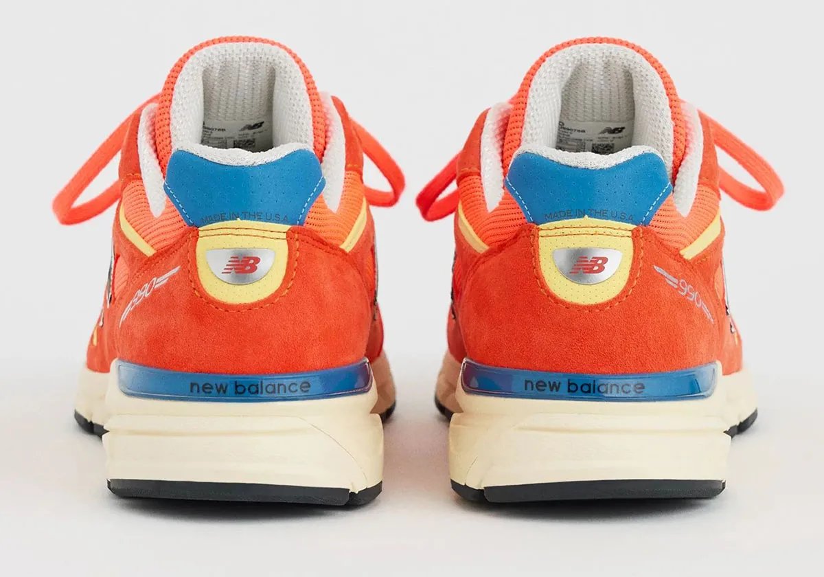 New Balance 990v4 in Urgent Red and Maize colorway, Bart Simpson-inspired design with suede overlays and mesh base - detail view 5