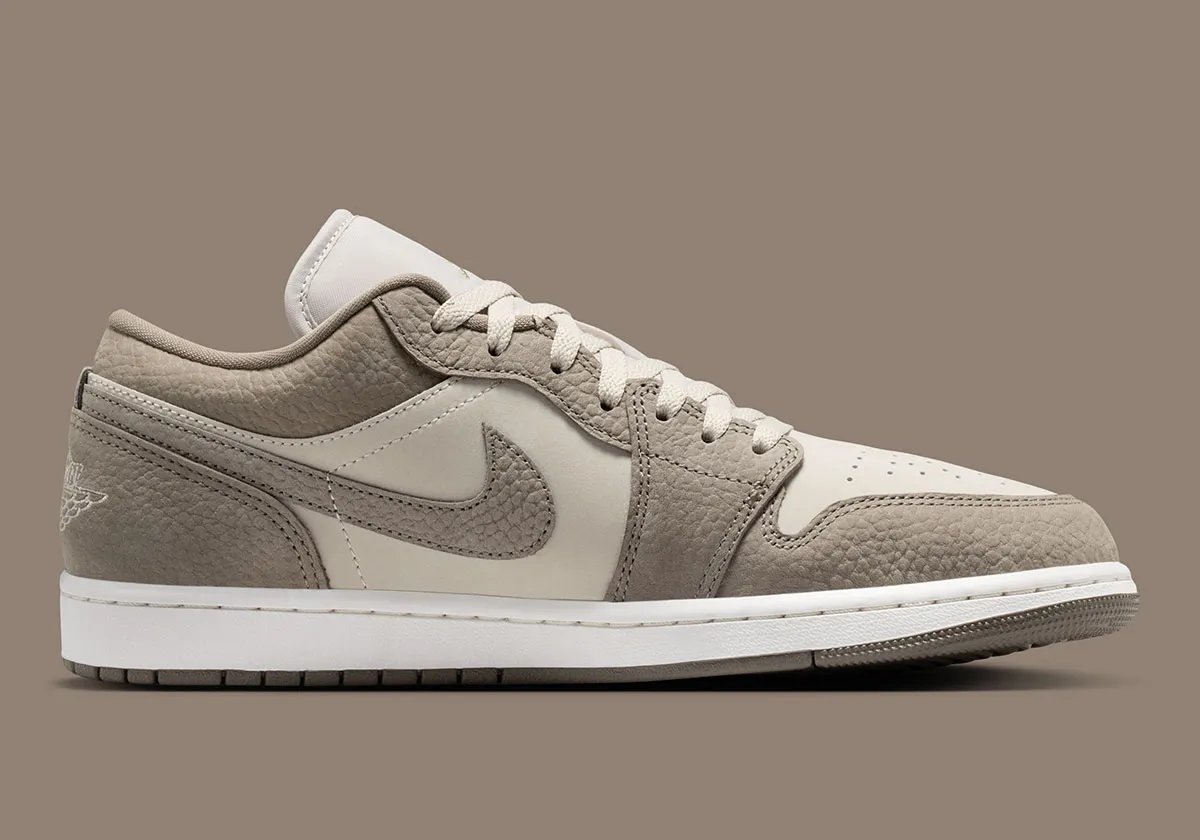 Air Jordan 1 Low in Olive Grey with pebbled leather overlays and Silver Sage base, shown from multiple angles - detail view 3