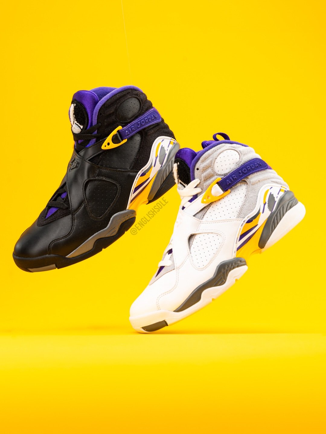 Kobe Bryant's Air Jordan 8 PE in white and black Lakers colorways, shown side by side - detail view 2