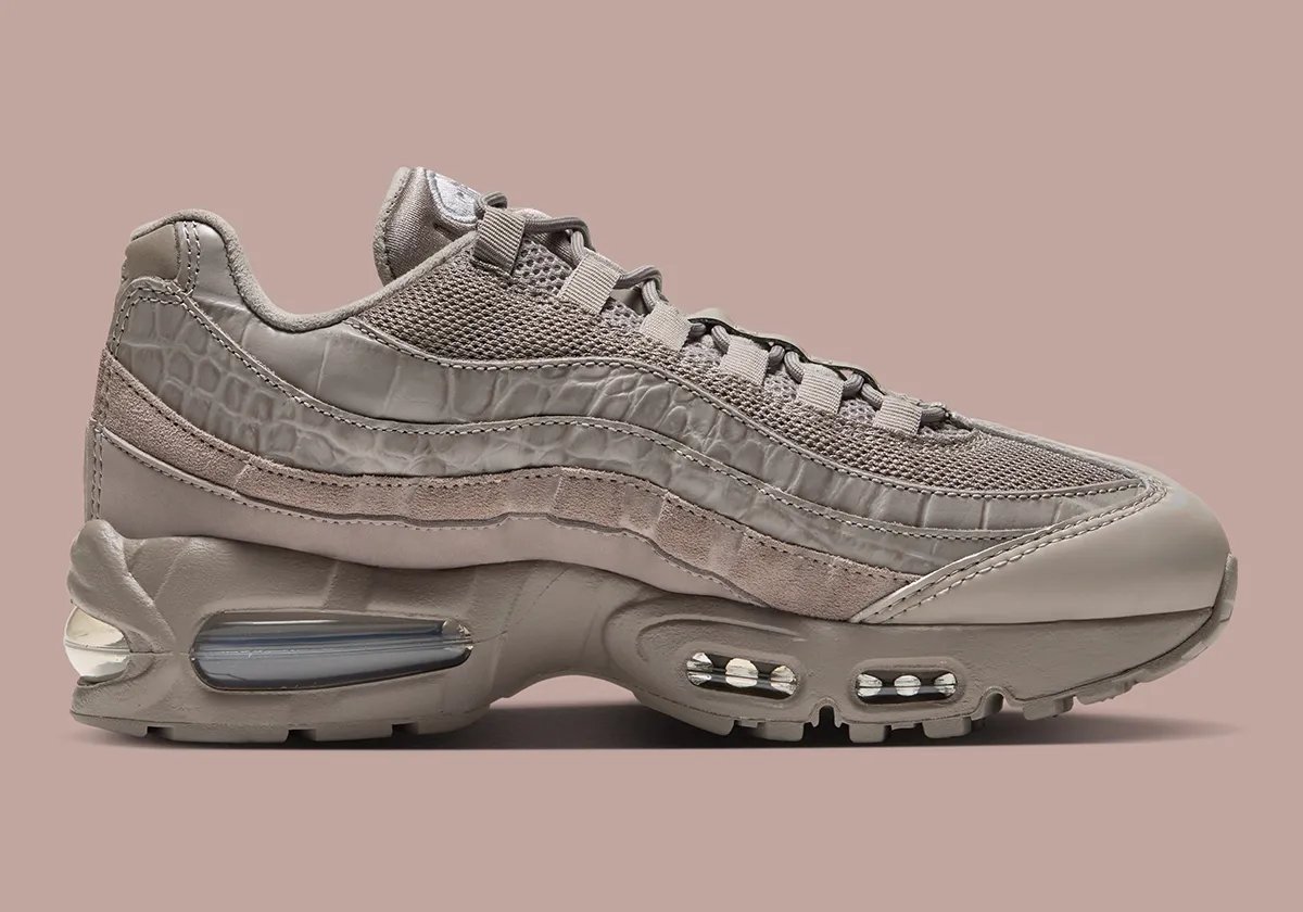 Nike Air Max 95 Enigma Stone women's sneaker featuring debossed croc leather side panels and hairy suede overlays - detail view 3