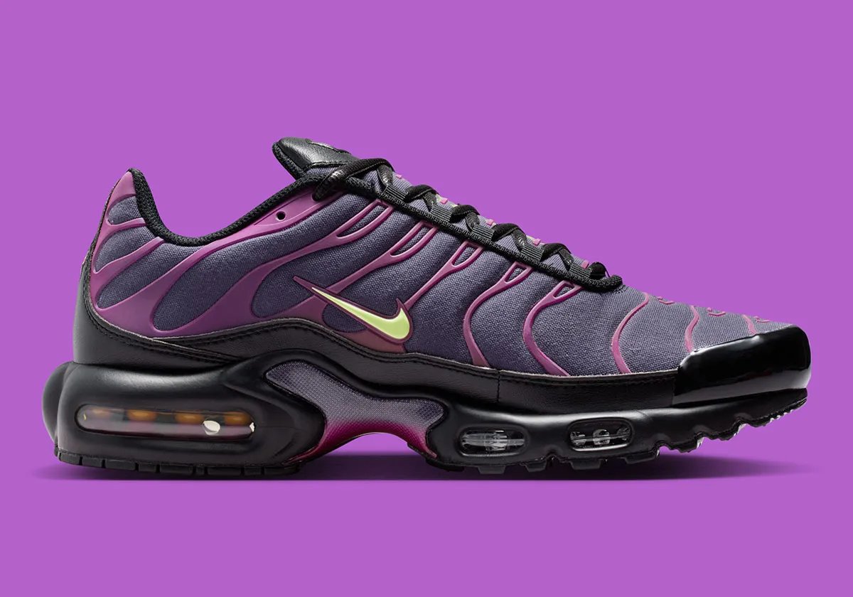 Nike Air Max Plus in Dark Raisin with Liquid Lime accents, featuring denim paneling and flaming yin/yang interior graphic - detail view 2