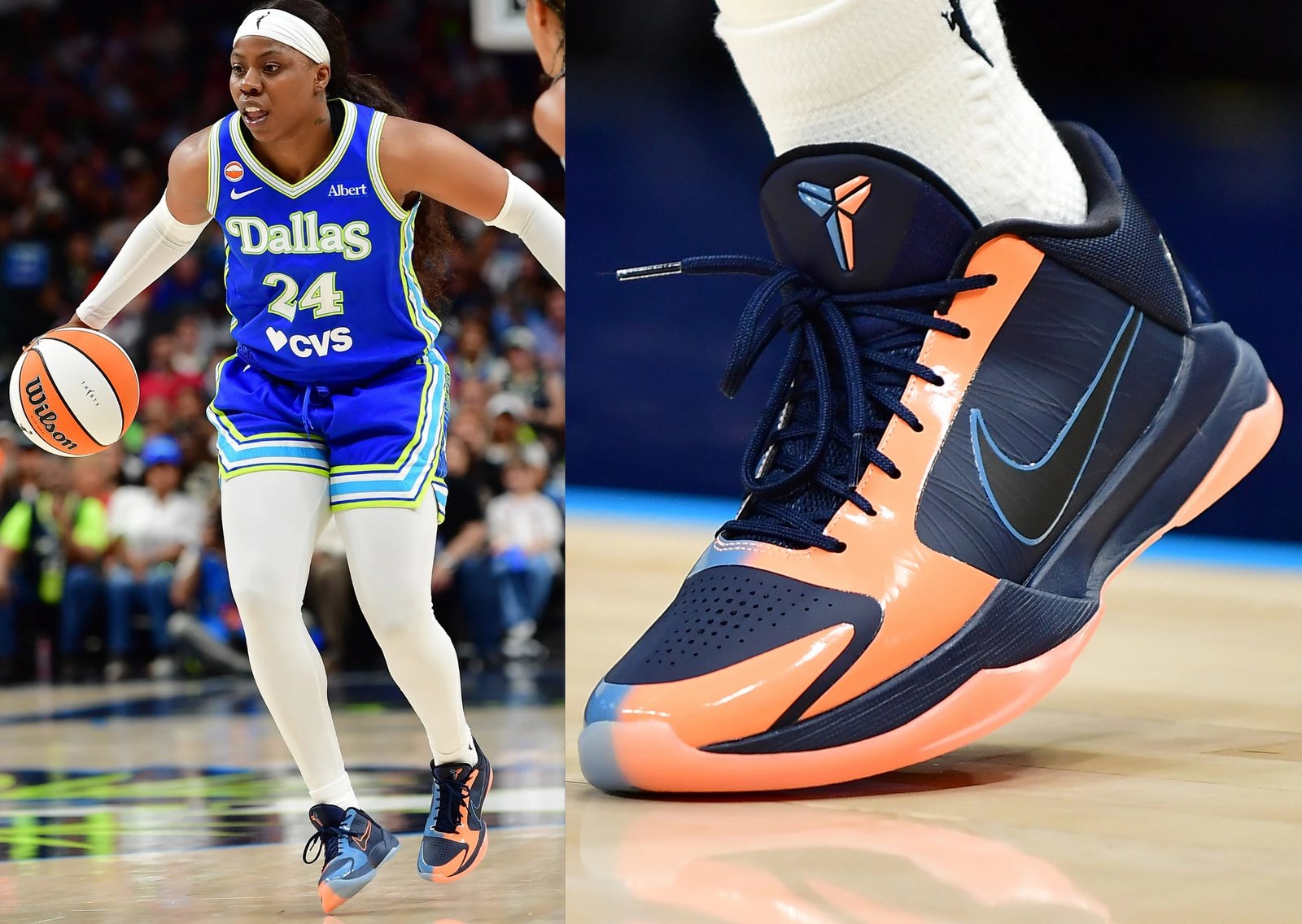 Nike Kobe 5 Protro PE in orange and blue colorway worn by Dallas Wings guard Arike Ogunbowale - detail view 1
