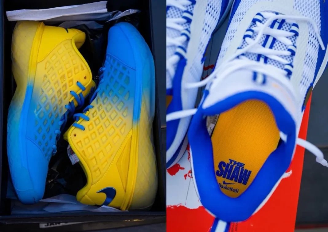 Nike Kobe 3 Low Protro "The Shaw" in Midwest Gold and University Blue, displayed from multiple angles showing the gradient heel-to-toe color transition inspired by Crenshaw High School.