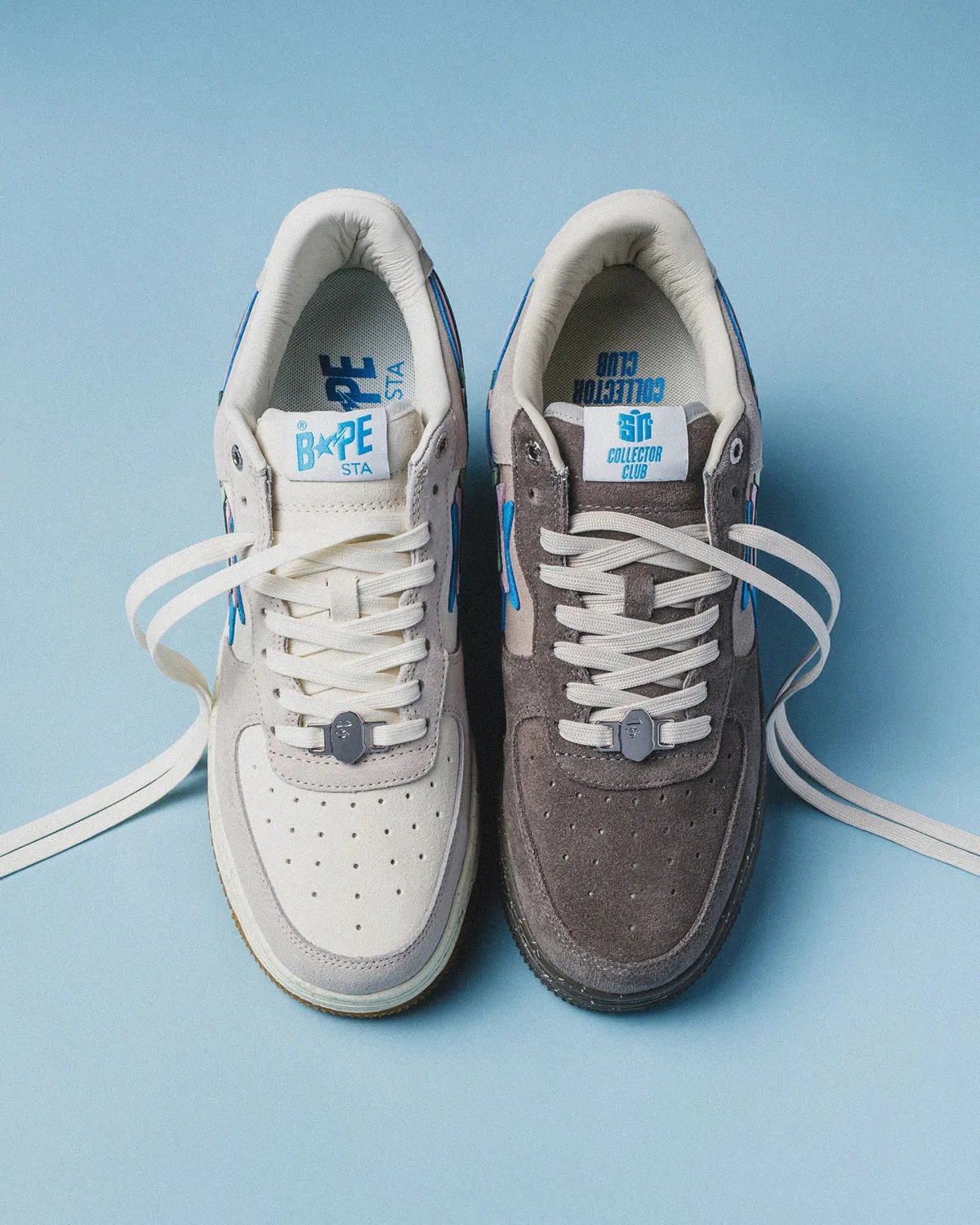Sneaker News x A Bathing Ape Bape Sta collaboration in white Day and grey Night colorways featuring triple-stacked logos - detail view 1