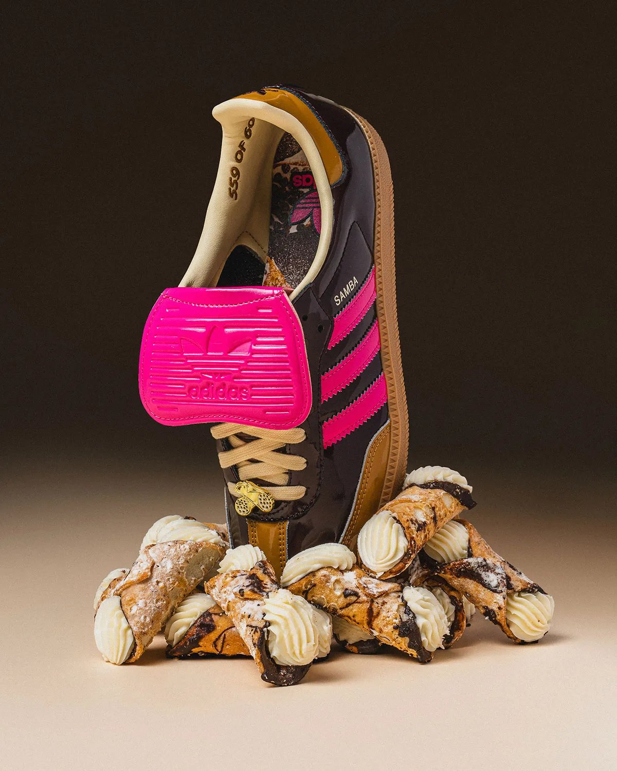 Asphalt x adidas Samba Cannoli in wheat patent leather with brown base and interchangeable pink, wheat, and brown tongue covers - detail view 2