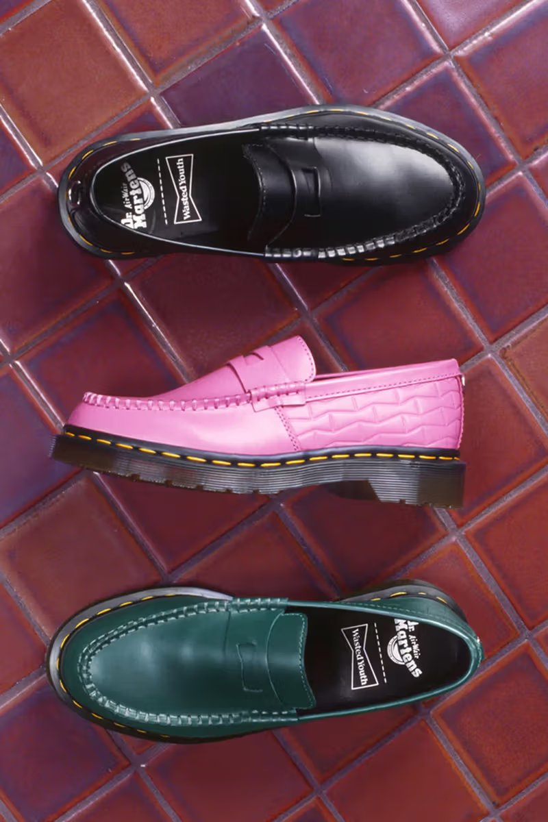 Dr. Martens x Wasted Youth Penton Loafer in black leather with embossed bowtie logo motif and yellow welt stitching - detail view 3