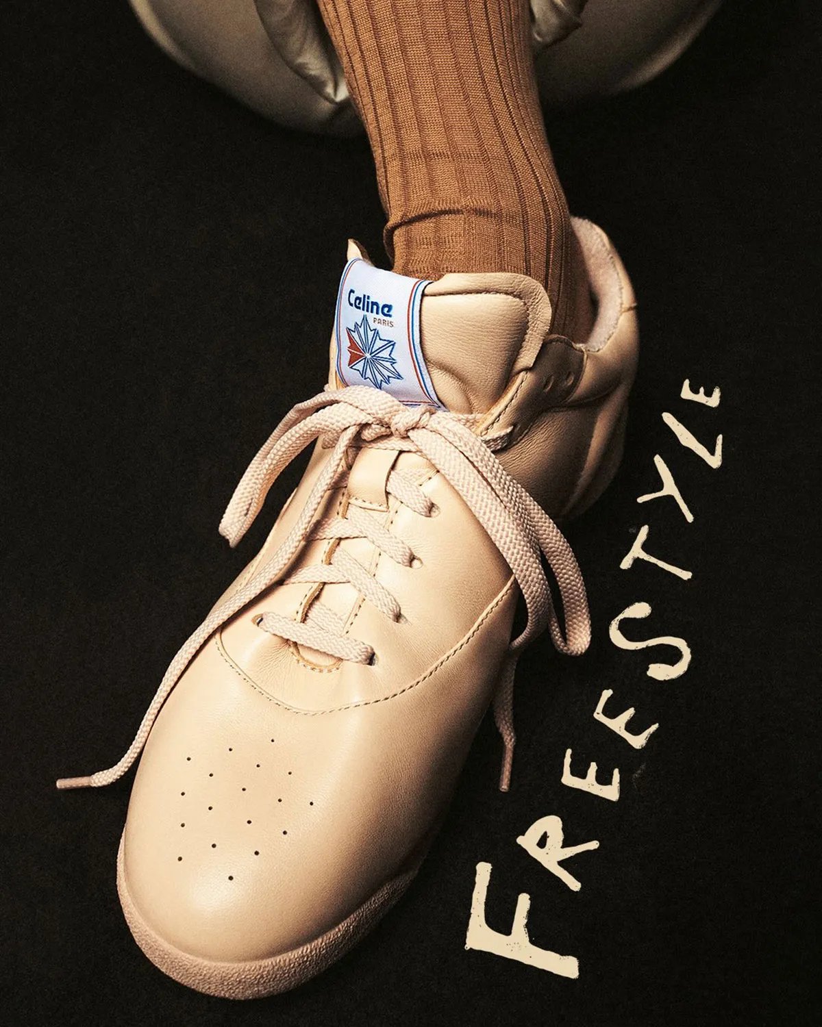 Celine x Reebok Freestyle Lo deconstructed sneaker in multiple colorways displayed from above - detail view 1