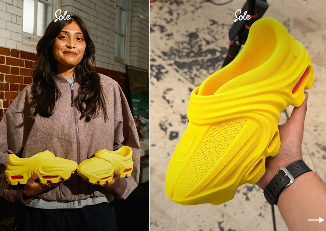 Tasnim Chowdhury's 3D-printed Nike Air Works sneaker featuring curved midsole sections and exposed Air cushioning units, side profile view. - detail view 1