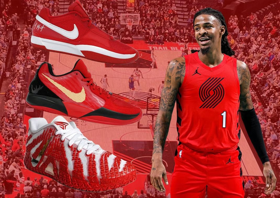 Collection of Nike and Puma signature basketball shoes in team colorways matching new NBA franchises for LeBron James, Jaylen Brown, LaMelo Ball, Ja Morant, and Giannis Antetokounmpo - detail view 5