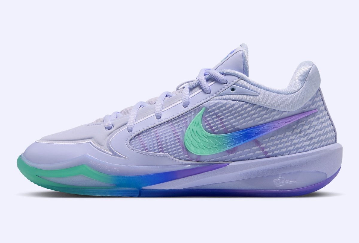 Nike Sabrina 4 Superstition in pale purple with gradient green-to-blue Swoosh, releasing September 9, 2026 - detail view 3