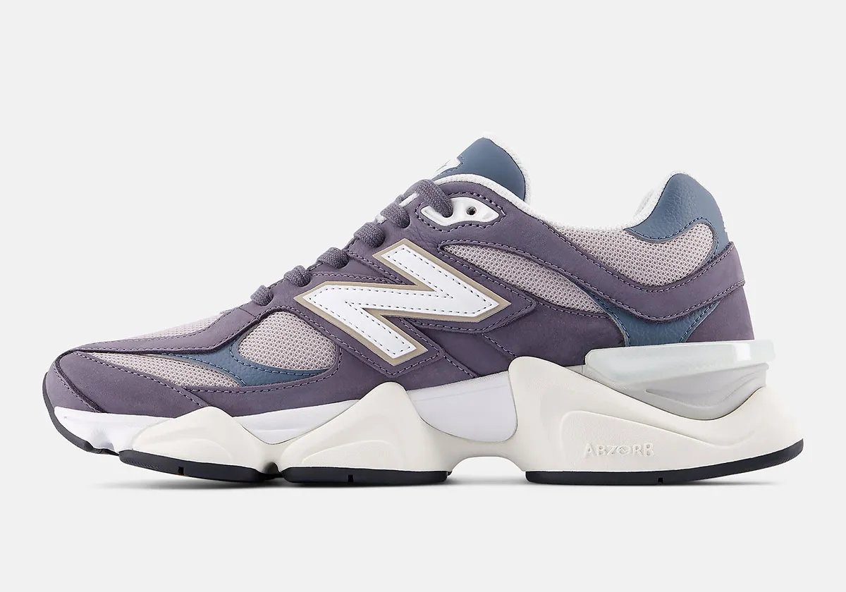 New Balance 9060 Neptune Grey featuring purple-tinted leather upper with Shadow Blue accents and violet mesh base - detail view 2