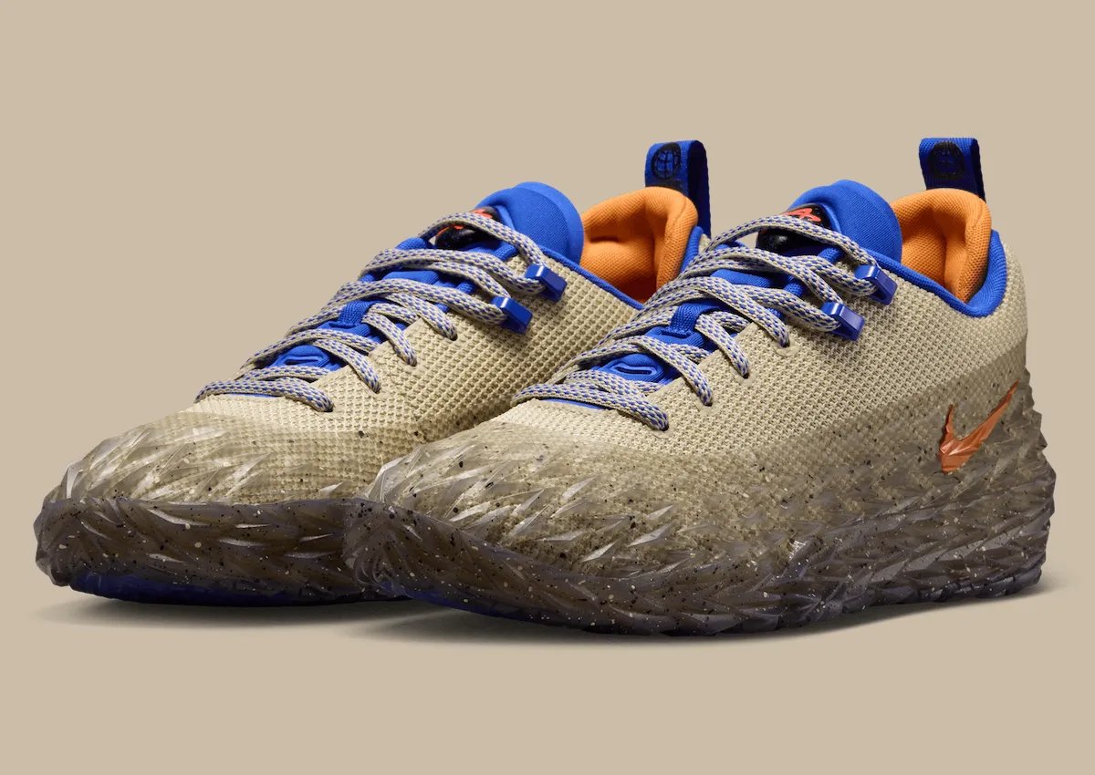 Cade Cunningham x Nike ST Charge "Rugged" colorway in rattan tan mesh with hyper royal and bright mandarin accents - detail view 2