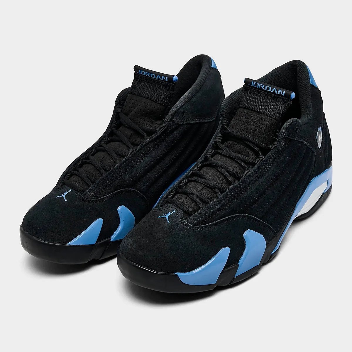 Air Jordan 14 in Black with University Blue accents, shown from multiple angles on white background - detail view 1