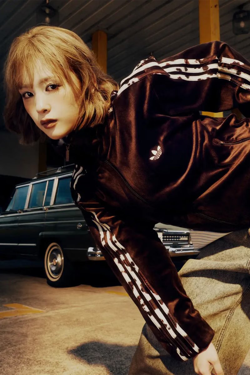 9090 x adidas Originals Track Jacket in Navy colorway with cow-print Three Stripes detail and velour construction - detail view 3
