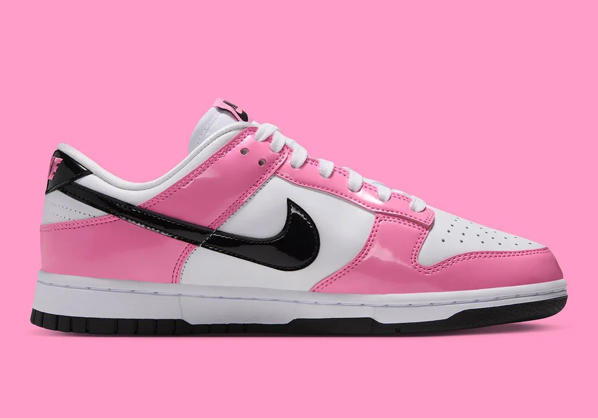 Nike Dunk Low 'Pink Spell' in white leather with Pink Spell patent leather overlays and black patent Swoosh, women's sizing, Fall/Winter 2026 release - detail view 3