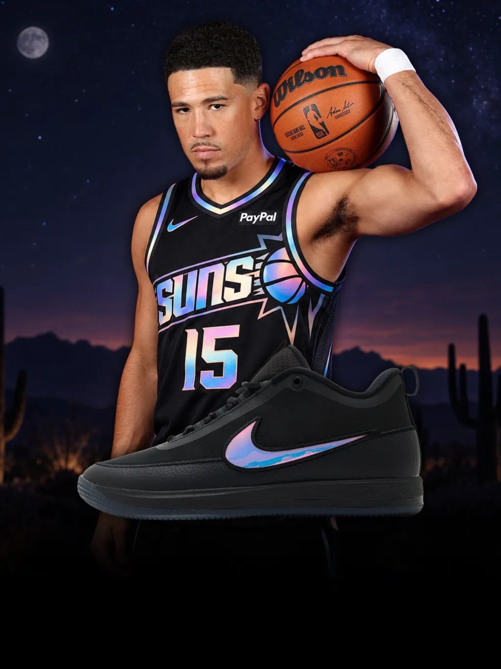 Nike Book 2 Desert Night with iridescent Swoosh detail on neutral earth-tone upper