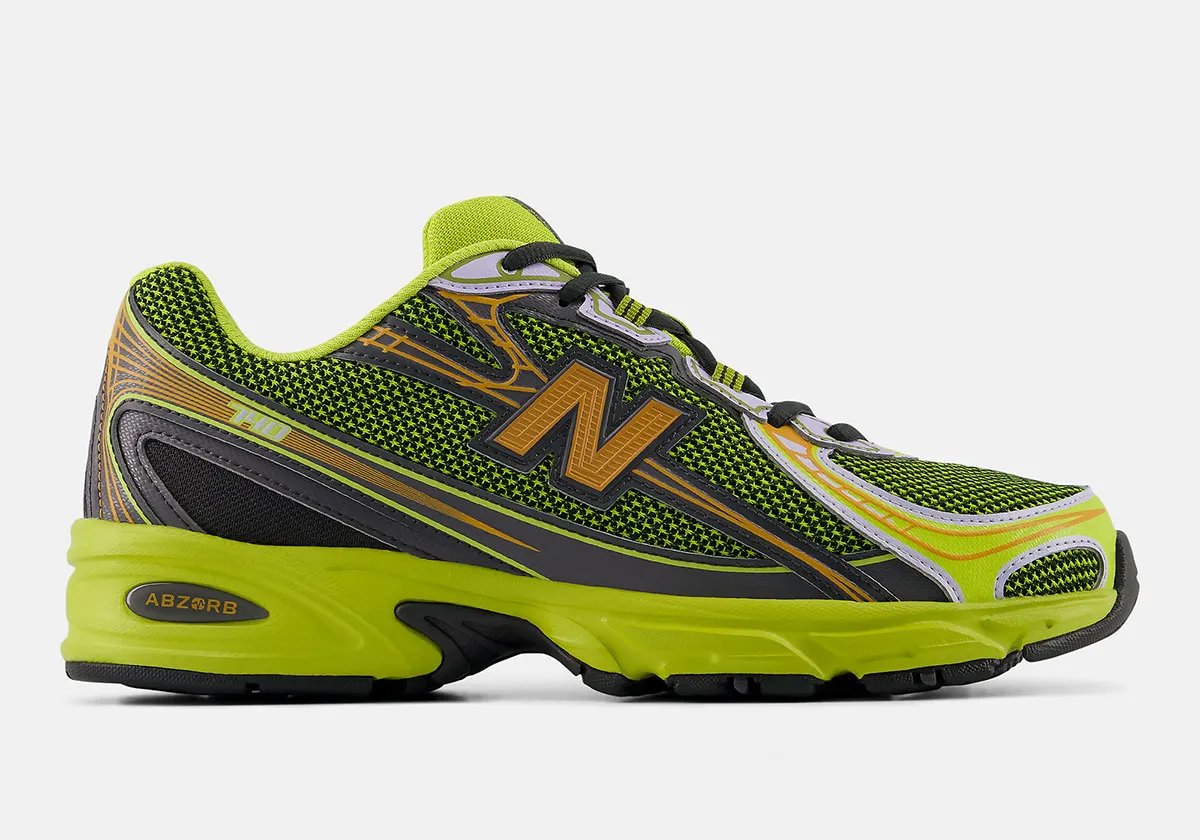 New Balance 740 in pea green and rust orange colorway with black netting and grey leather overlays, releasing Fall 2026 - detail view 1