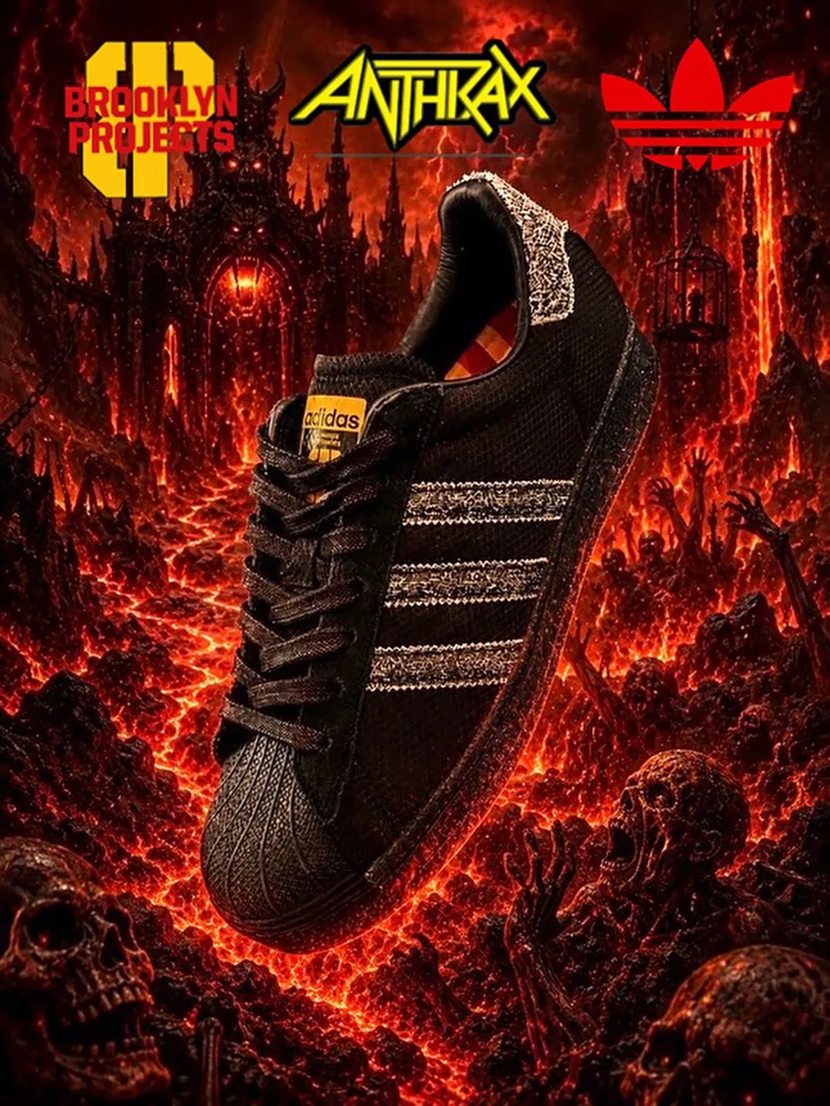 adidas Superstar ADV in all-black with distressed leather detailing, yellow laces, and Cordura construction from the Brooklyn Projects x Anthrax collaboration. - detail view 1