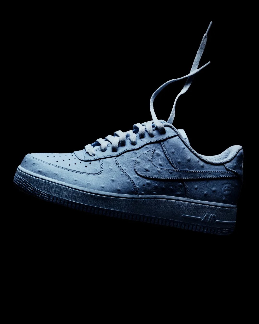 Travis Scott x Nike Cactus Court Air Force 1 Low in Ice Blue with ostrich-textured upper, shown from overhead - detail view 2