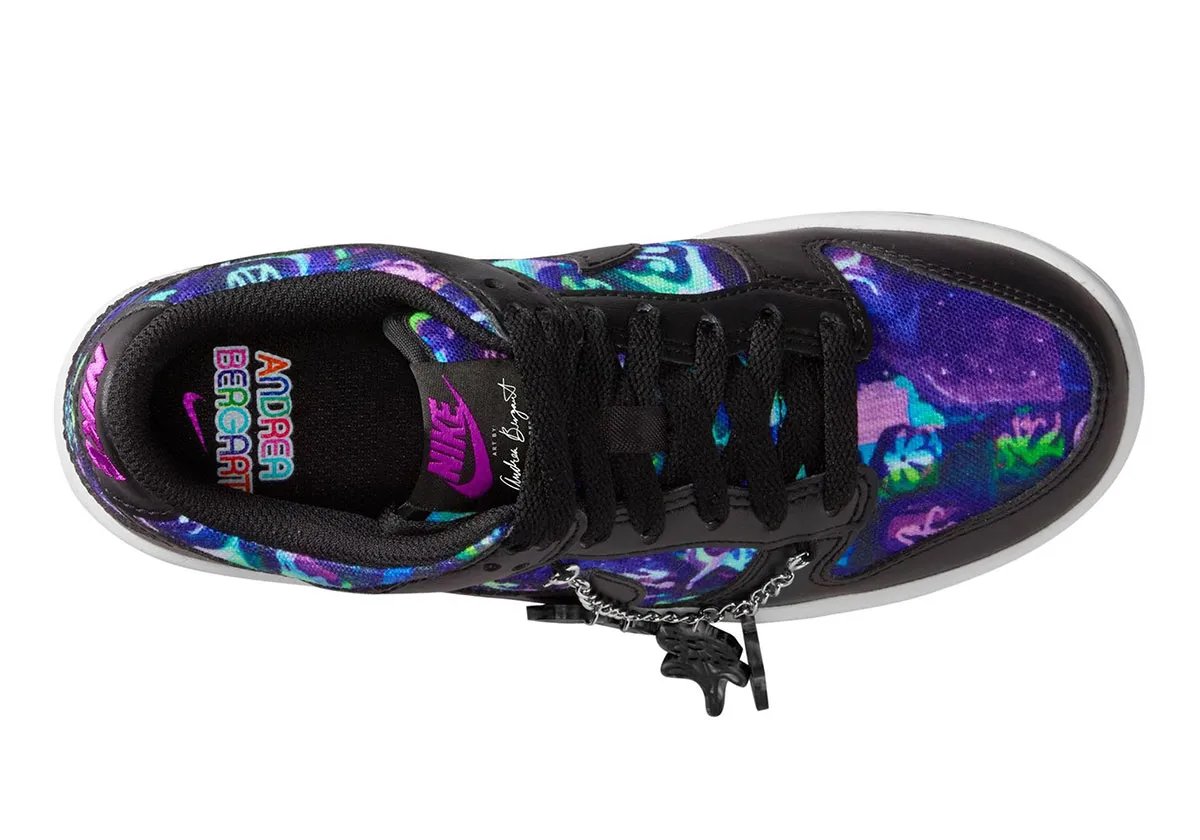 Andrea Bergart x Nike Dunk Low Grade School featuring psychedelic kaleidoscopic prints and metallic charms on upper and sole - detail view 2