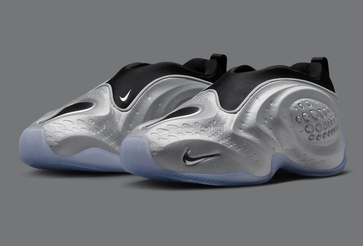 Nike First Sight Shadow in Metallic Silver with black neoprene bootie, showing molded shell construction and translucent icy outsole - detail view 2