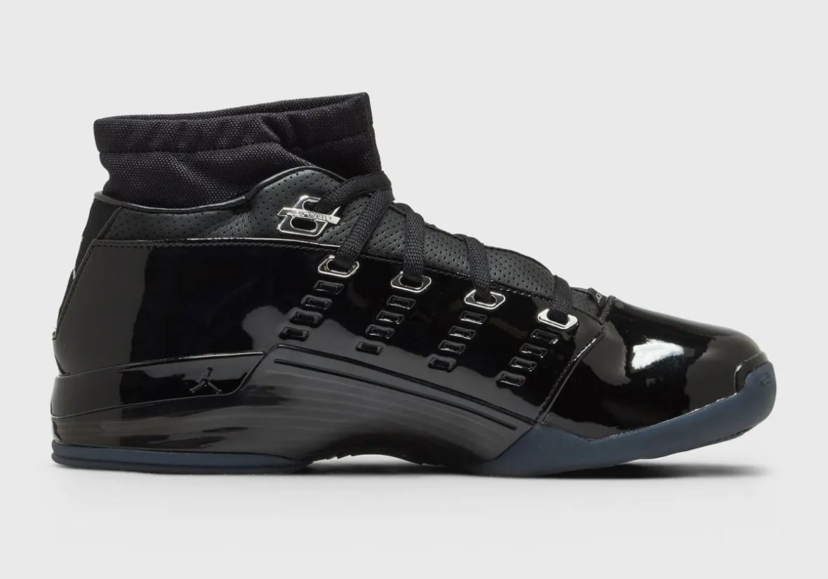Air Jordan 17 Low Black Patent with glossy patent leather upper and metallic silver eyestays - detail view 4