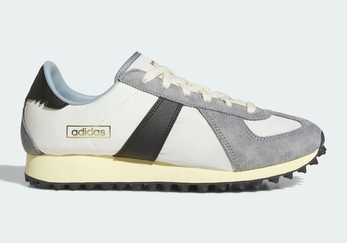 adidas BW Run retro hybrid sneaker in grey and white colorway, blending GAT military trainer paneling with 1970s runner silhouette - detail view 2