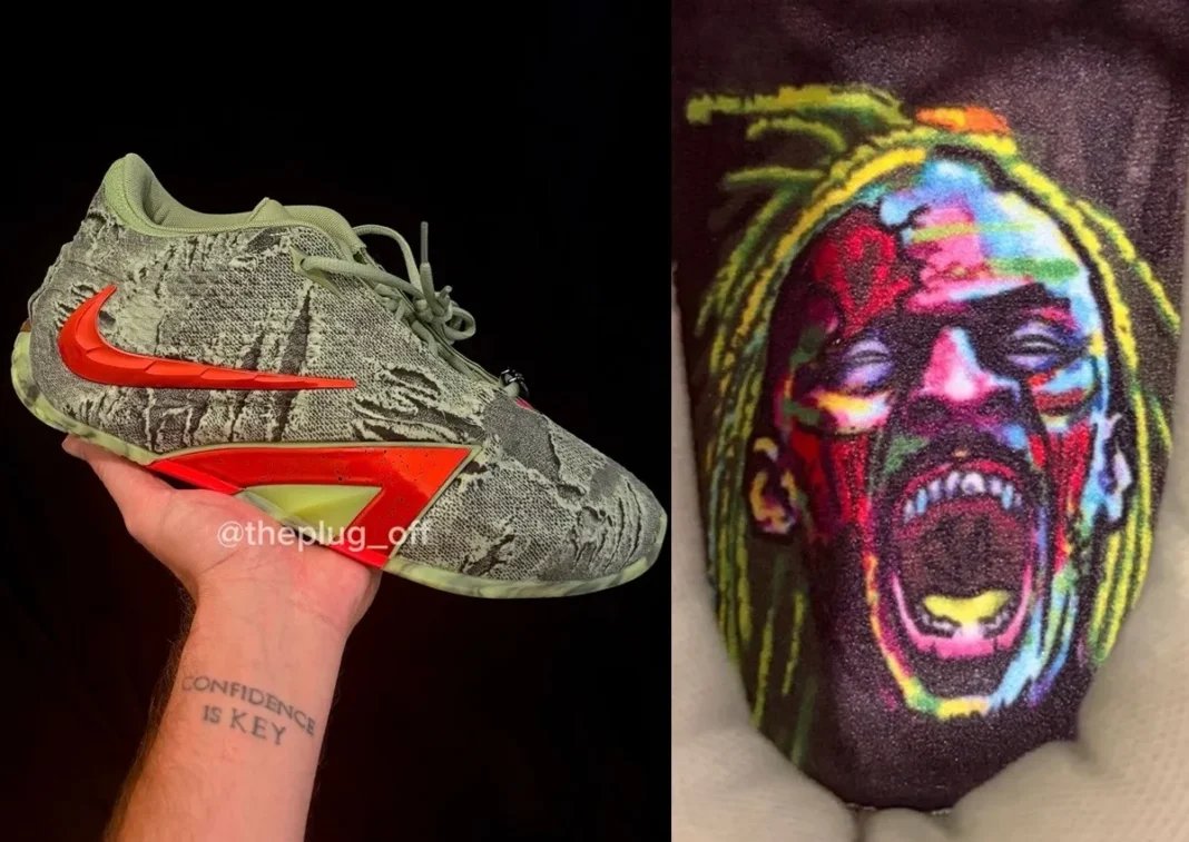 Nike Ja 4 Halloween with distressed green and grey upper, orange-red Swoosh, and glow-in-the-dark outsole