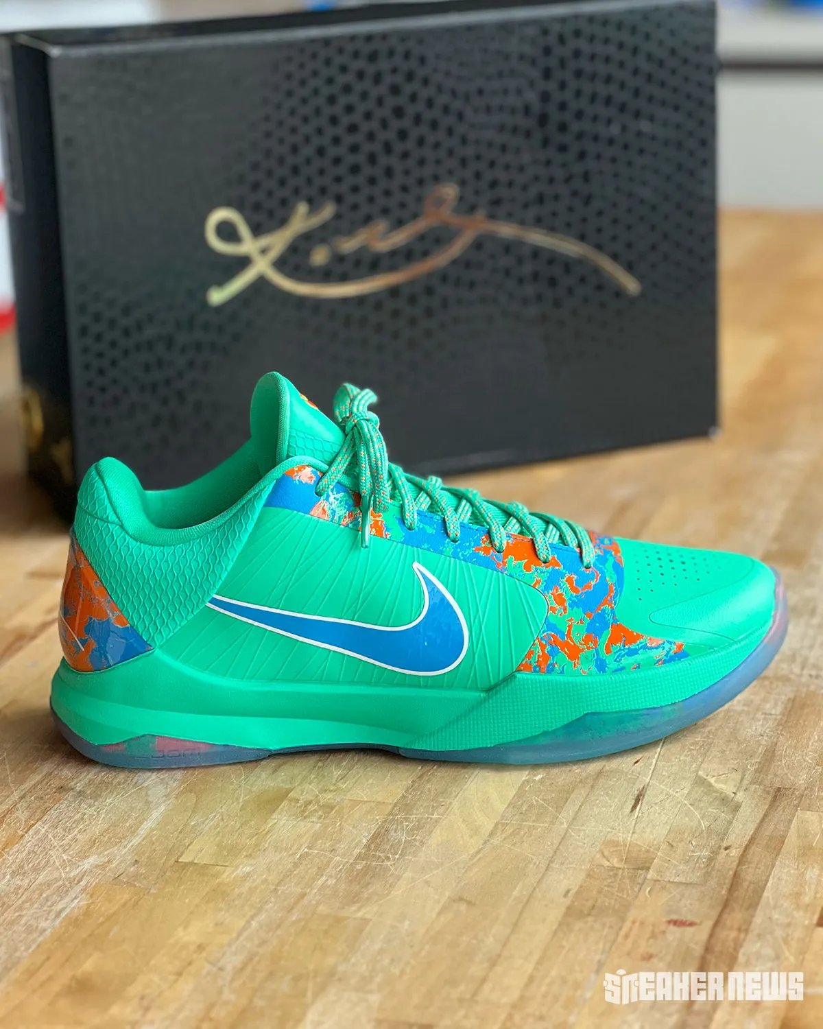 Nike Kobe 5 Protro 'NY vs. NY' in green, blue, and orange colorway inspired by New York City basketball courts - detail view 3