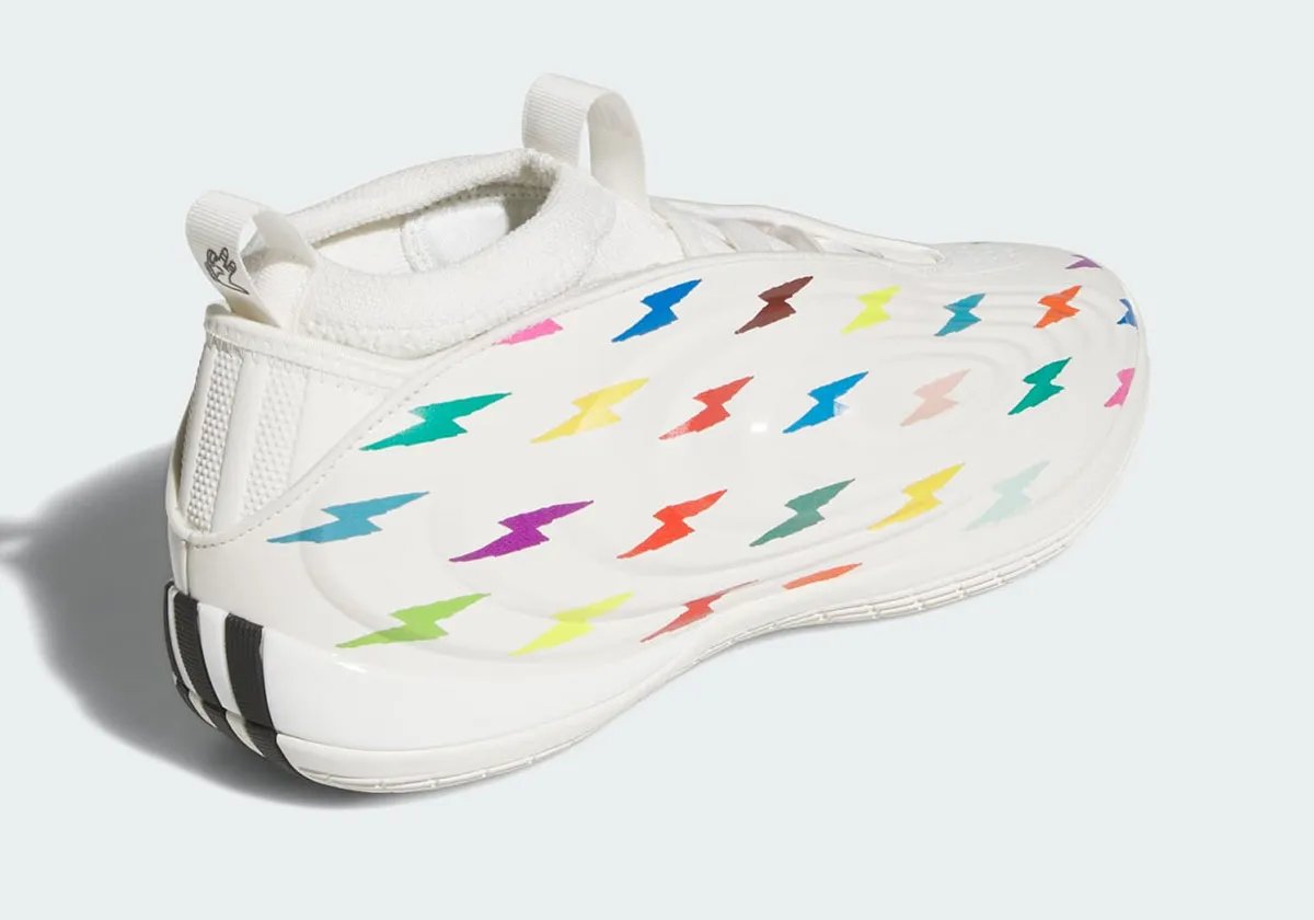 adidas Harden Vol. 10 "Thunderbolt" in white with multicolor lightning bolt graphics, Jalen Williams player exclusive - detail view 3