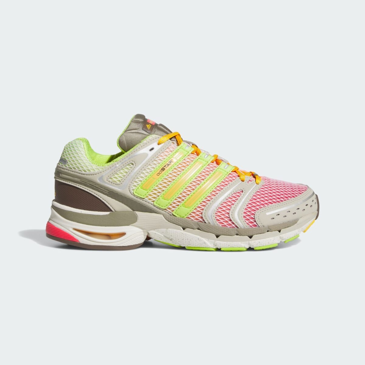 Larry June x adidas Adistar Control 5 'Watermelon Smoothie' in semi lucid red, semi solar slime, and clay colorway with oversized branding on the tongue - detail view 1
