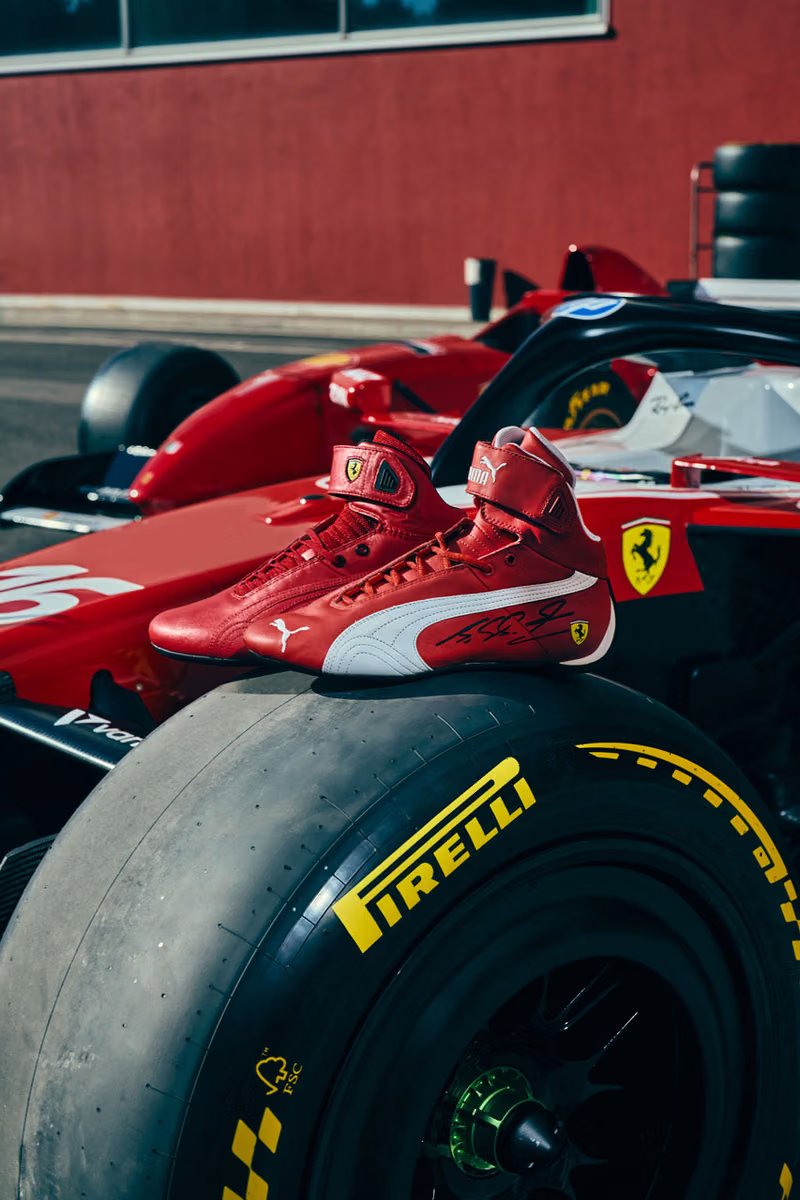 PUMA x Scuderia Ferrari Monza Collection hero featuring red racing jacket and Speedcat Pro sneakers honoring Michael Schumacher - detail view 2