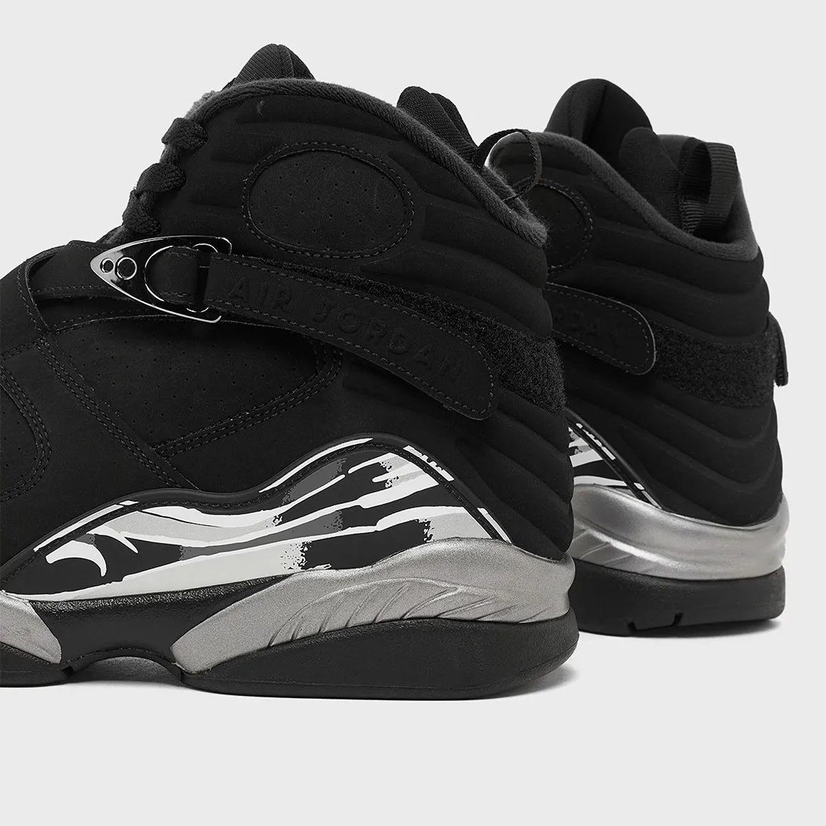 Air Jordan 8 Black Chrome featuring black upper with chrome accents and white/grey/black mudguard detailing - detail view 5
