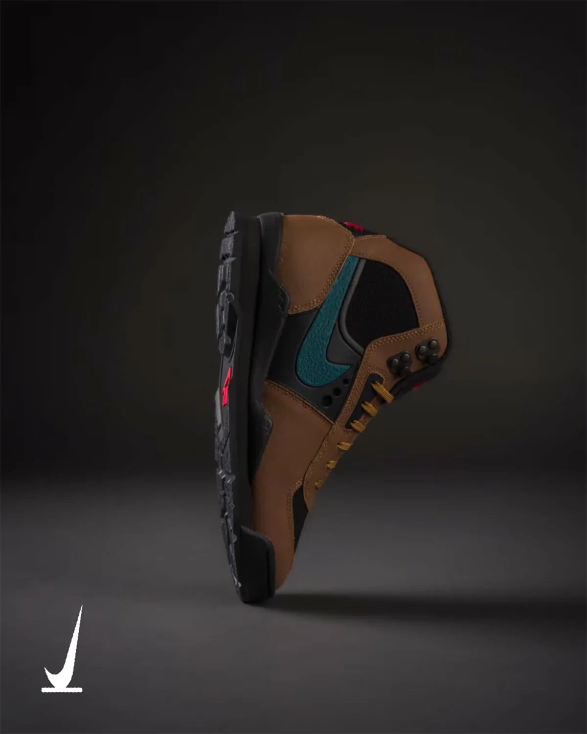 Nike ACG Baltoro in Light British Tan with Geode Teal Swoosh and yellow laces, hero view - detail view 1